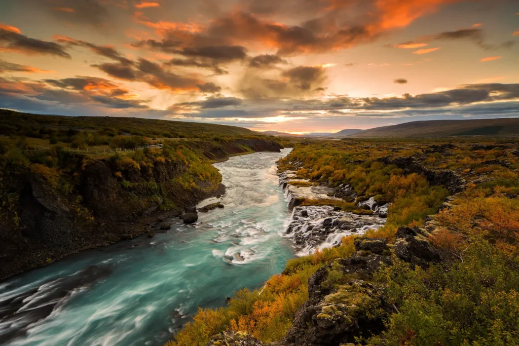 Hraunfossar lava waterfalls flowing into a glacial river at dusk, surrounded by autumnal vegetation beneath a dramatic Icelandic sky.