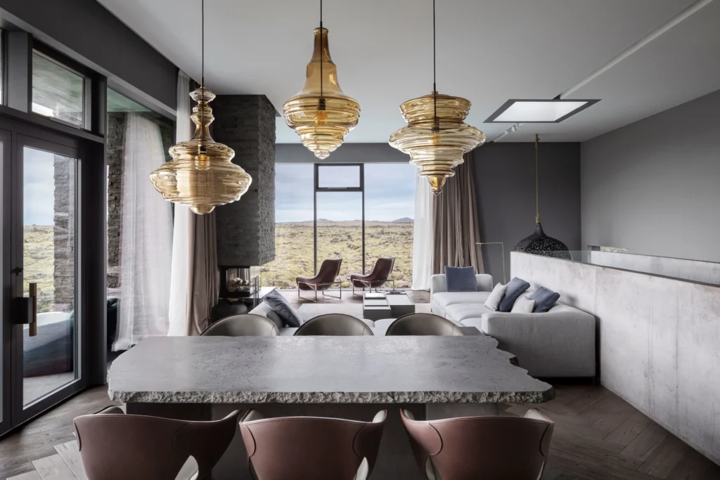 Contemporary design set within a dramatic volcanic landscape
