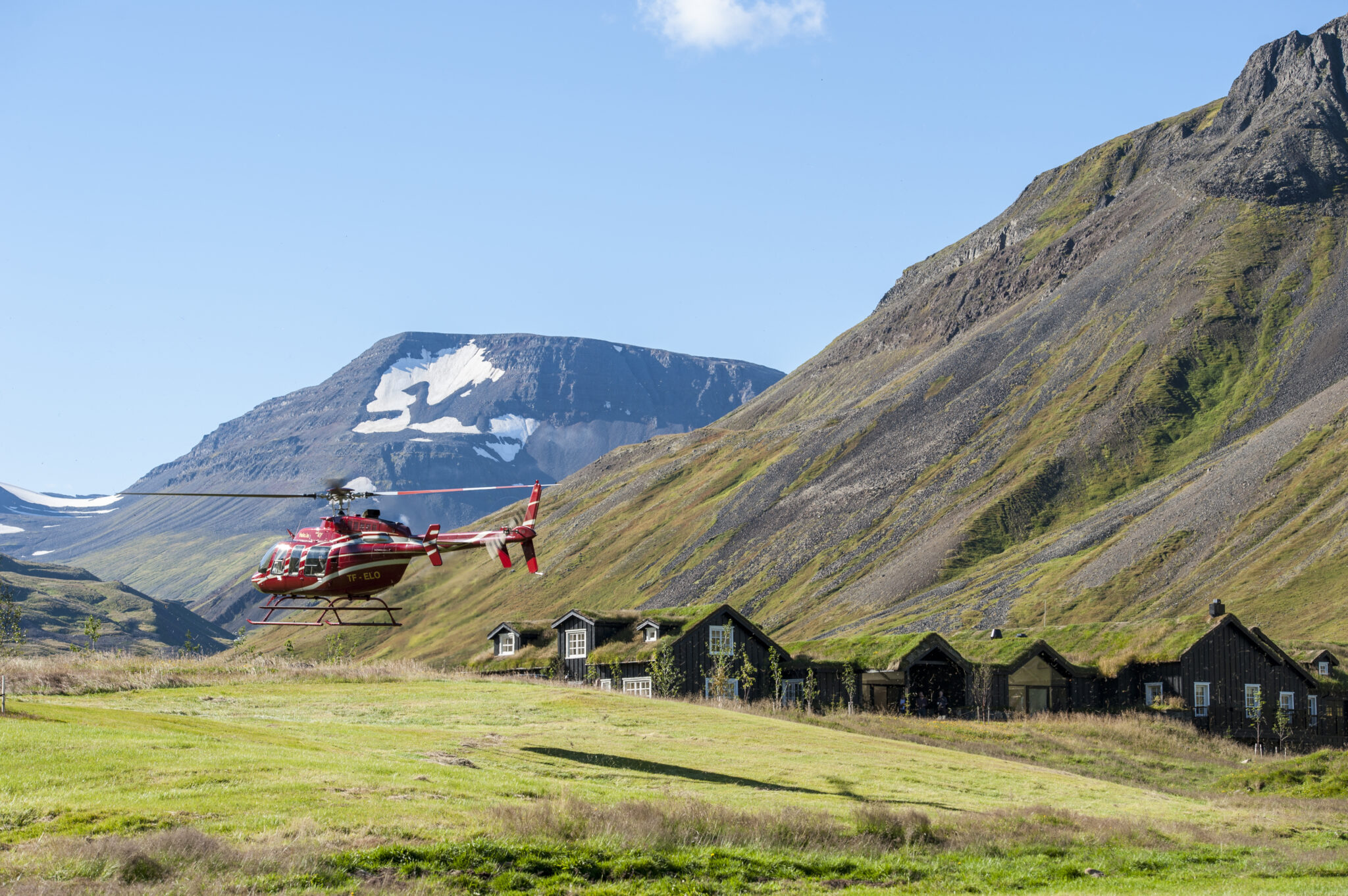 Lodge and helicopter in North Iceland